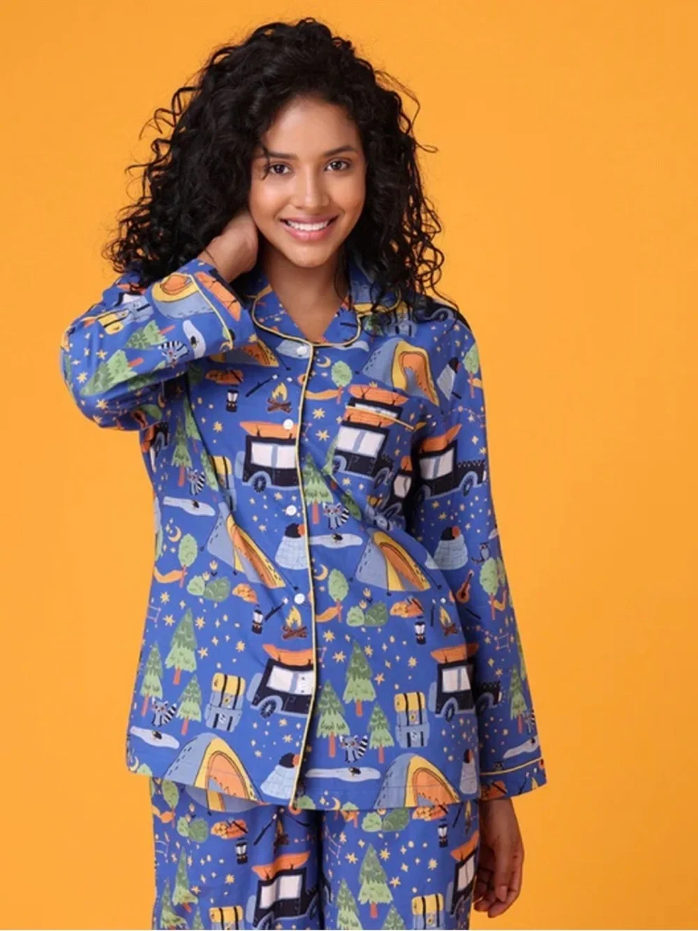 Blue Printed Women’s Pajama Set - Cozy Camping Motif